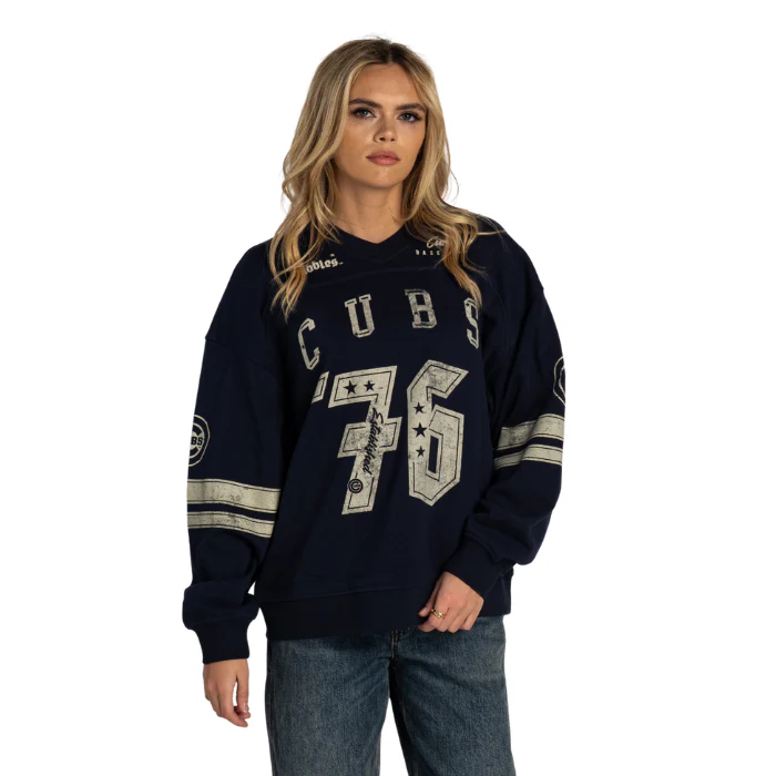 Chicago Cubs C Logo V-Neck Oversized Wash Crew Sweatshirt by The Wild Collective