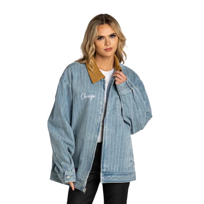 Chicago Cubs C Logo Women's Full Zip Denim Pinstripe Jacket by The Wild Collective