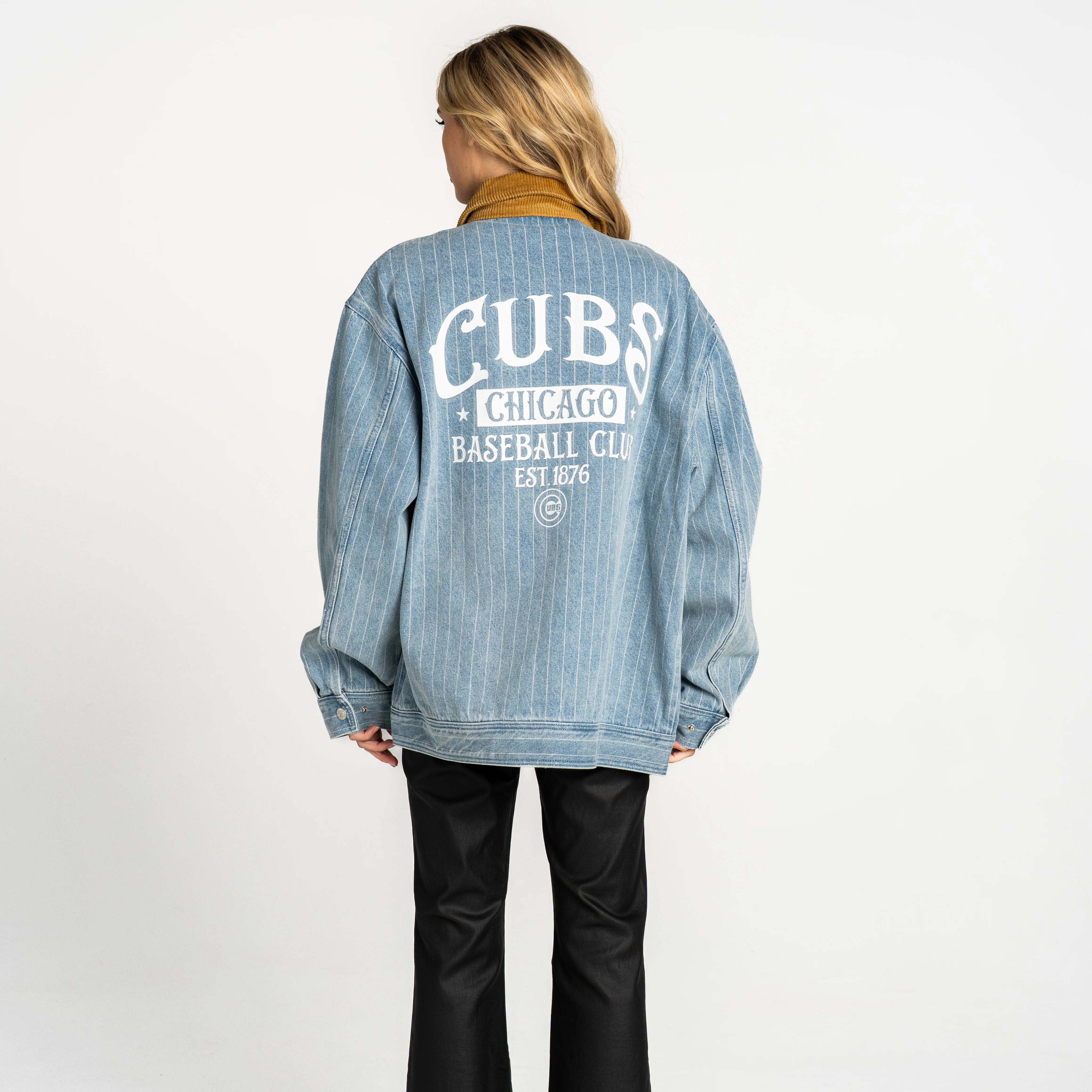 Chicago Cubs C Logo Women's Full Zip Denim Pinstripe Jacket by The Wild Collective - Image 2