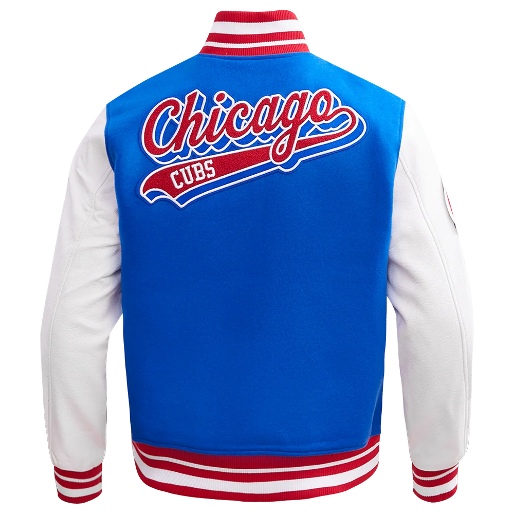 Chicago Cubs Script Wool Varsity Jacket in Royal and Red by Pro Standard - Image 4