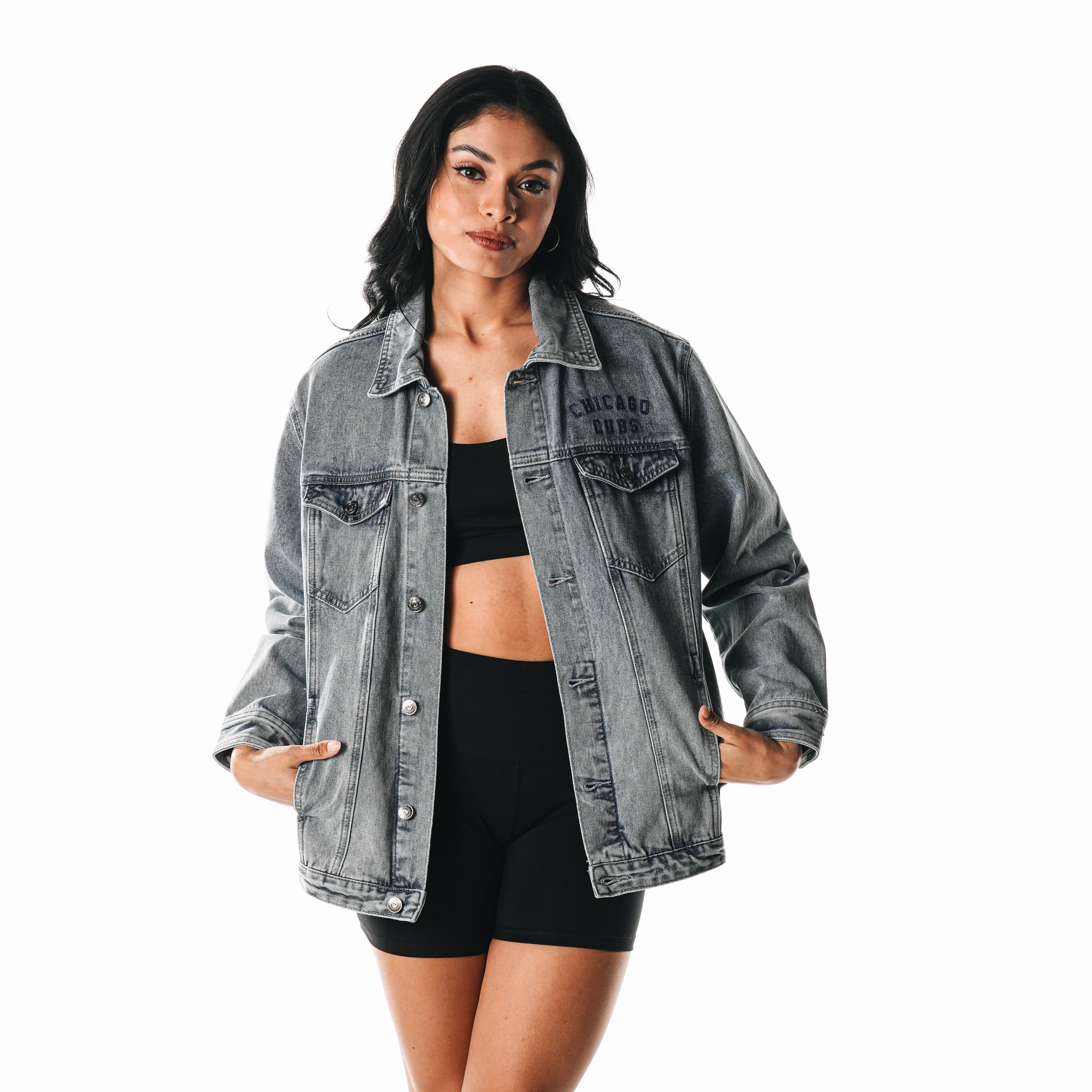Chicago Cubs Walking Bear Women's Oversized Denim Jacket by The Wild Collective - Image 4